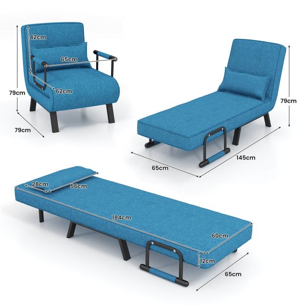 Folding 6 Position Convertible Sleeper Bed Armchair Lounge Couch with Pillow-Blue