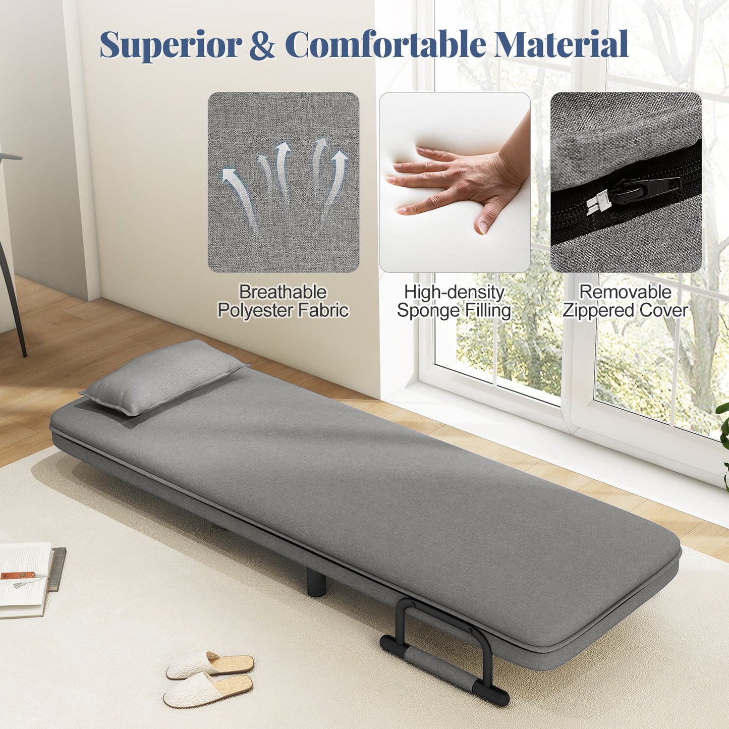 3-in-1 Convertible Sofa Bed with 5-Position Adjustable Backrest-Light Grey