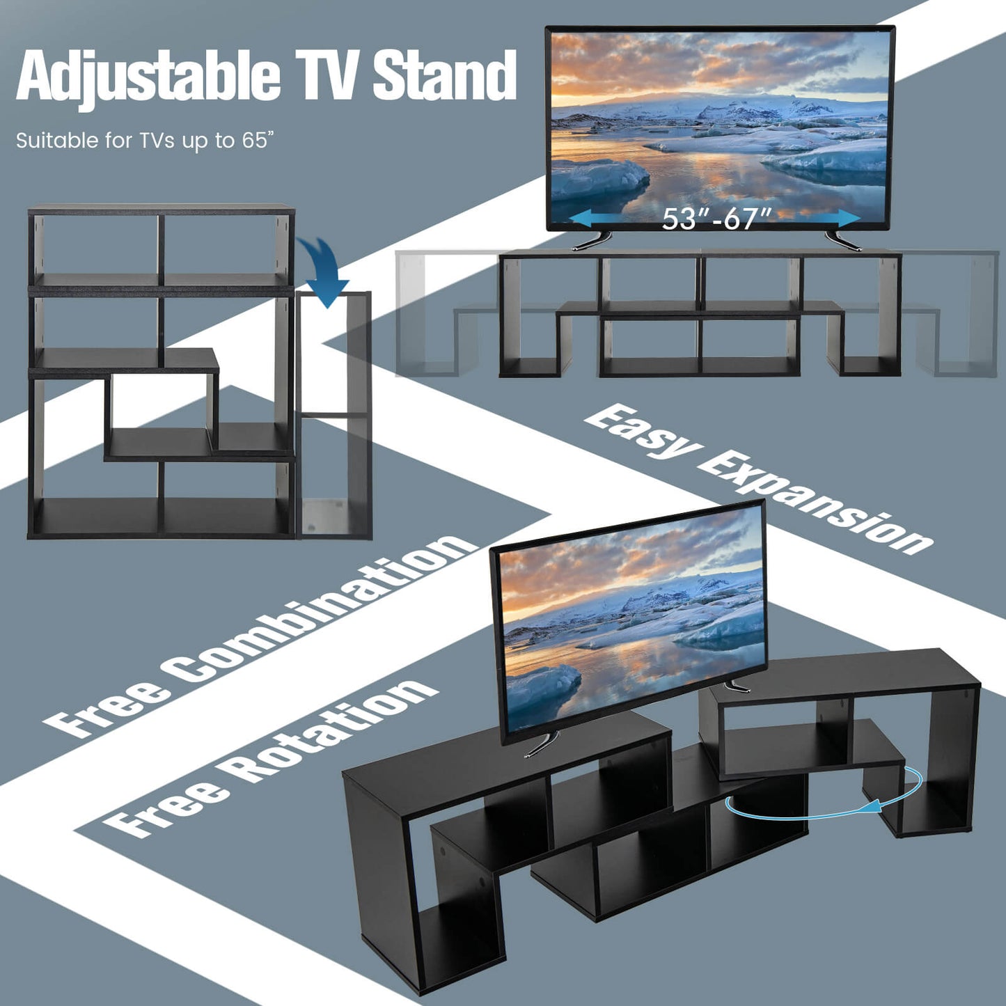 3 Pieces Convertible TV Stand for TVs up to 65 Inches-Black