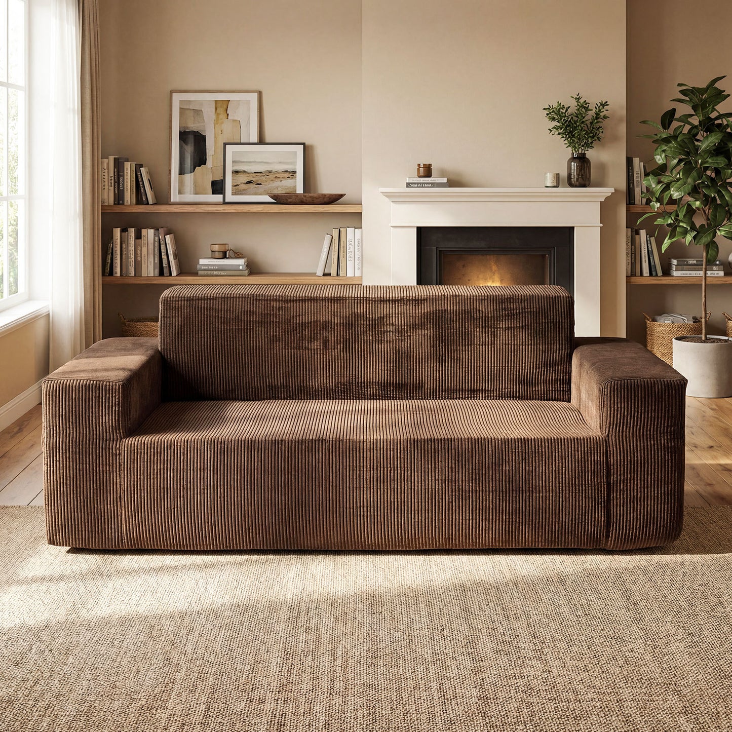 Corduroy 3-Seater Sofa No Assembly Needed with High Backrest & Wide Armrest-Brown