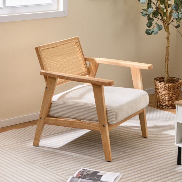 Corduroy Accent Chair with Upholstered Seat and Rattan Back-Natural