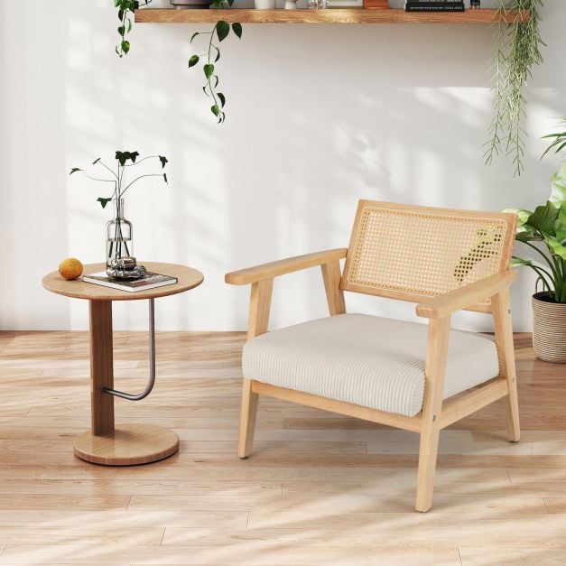 Corduroy Accent Chair with Upholstered Seat and Rattan Back-Natural
