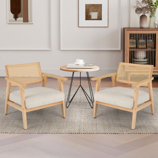 Corduroy Accent Chair with Upholstered Seat and Rattan Back-Natural