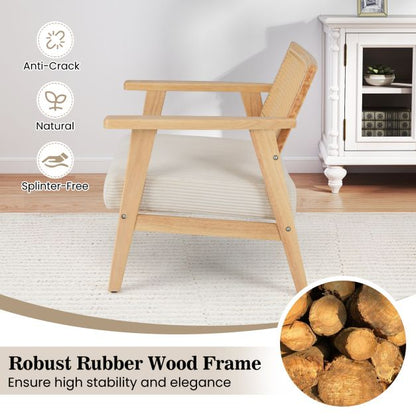 Corduroy Accent Chair with Upholstered Seat and Rattan Back-Natural