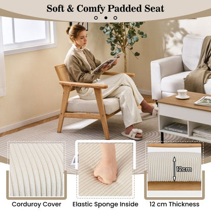 Corduroy Accent Chair with Upholstered Seat and Rattan Back-Natural