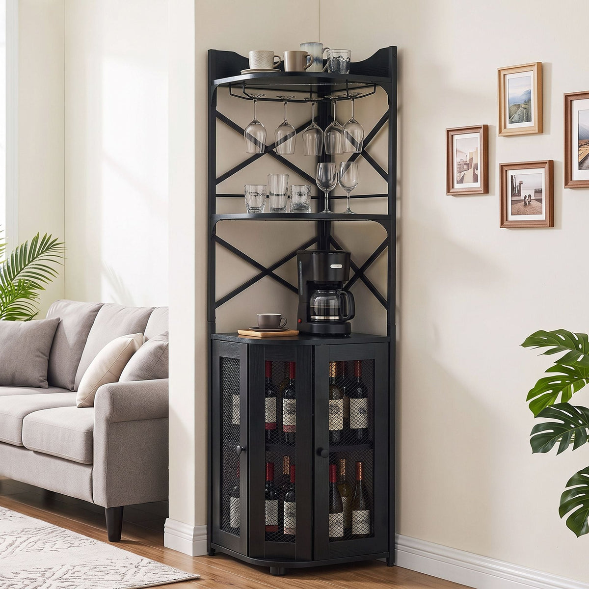 Corner Bar Cabinet with LED Lights Power Outlet and Glass Holder Storage Shelves-Black
