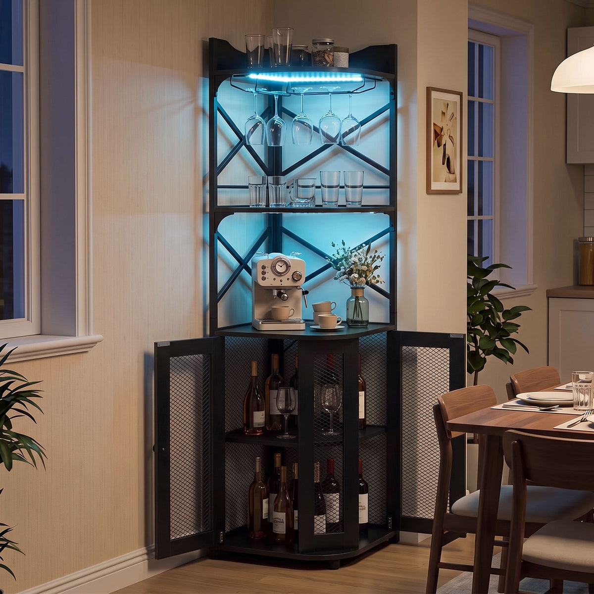 Corner Bar Cabinet with LED Lights Power Outlet and Glass Holder Storage Shelves-Black