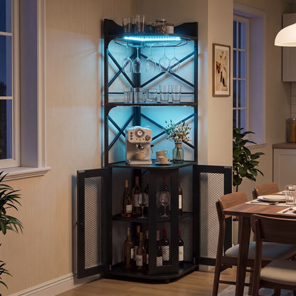 Corner Bar Cabinet with LED Lights Power Outlet and Glass Holder Storage Shelves-Black