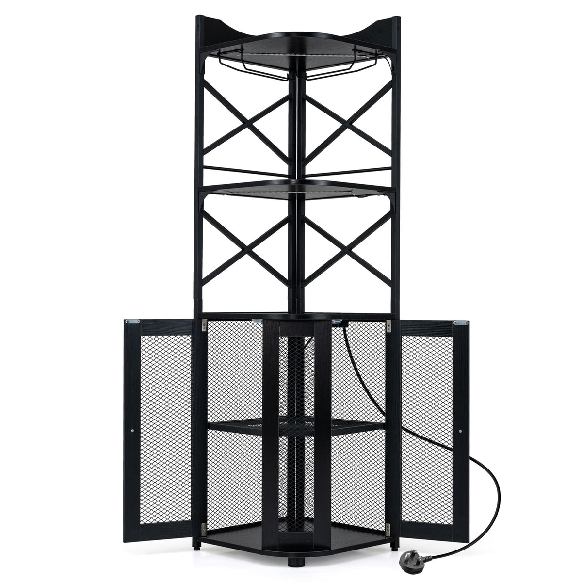 Corner Bar Cabinet with LED Lights Power Outlet and Glass Holder Storage Shelves-Black
