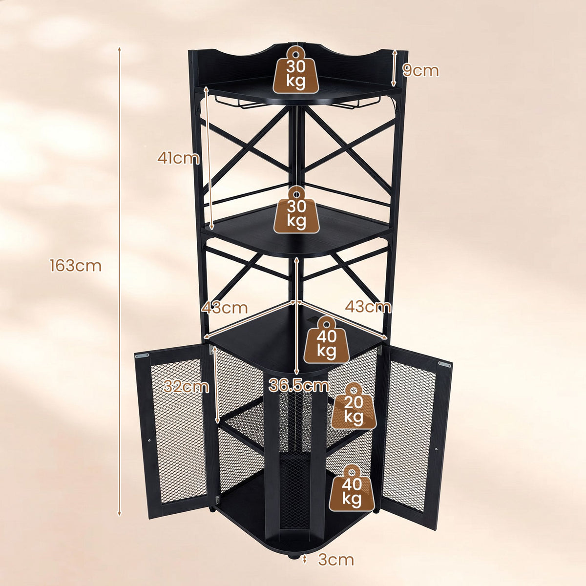 Corner Bar Cabinet with LED Lights Power Outlet and Glass Holder Storage Shelves-Black