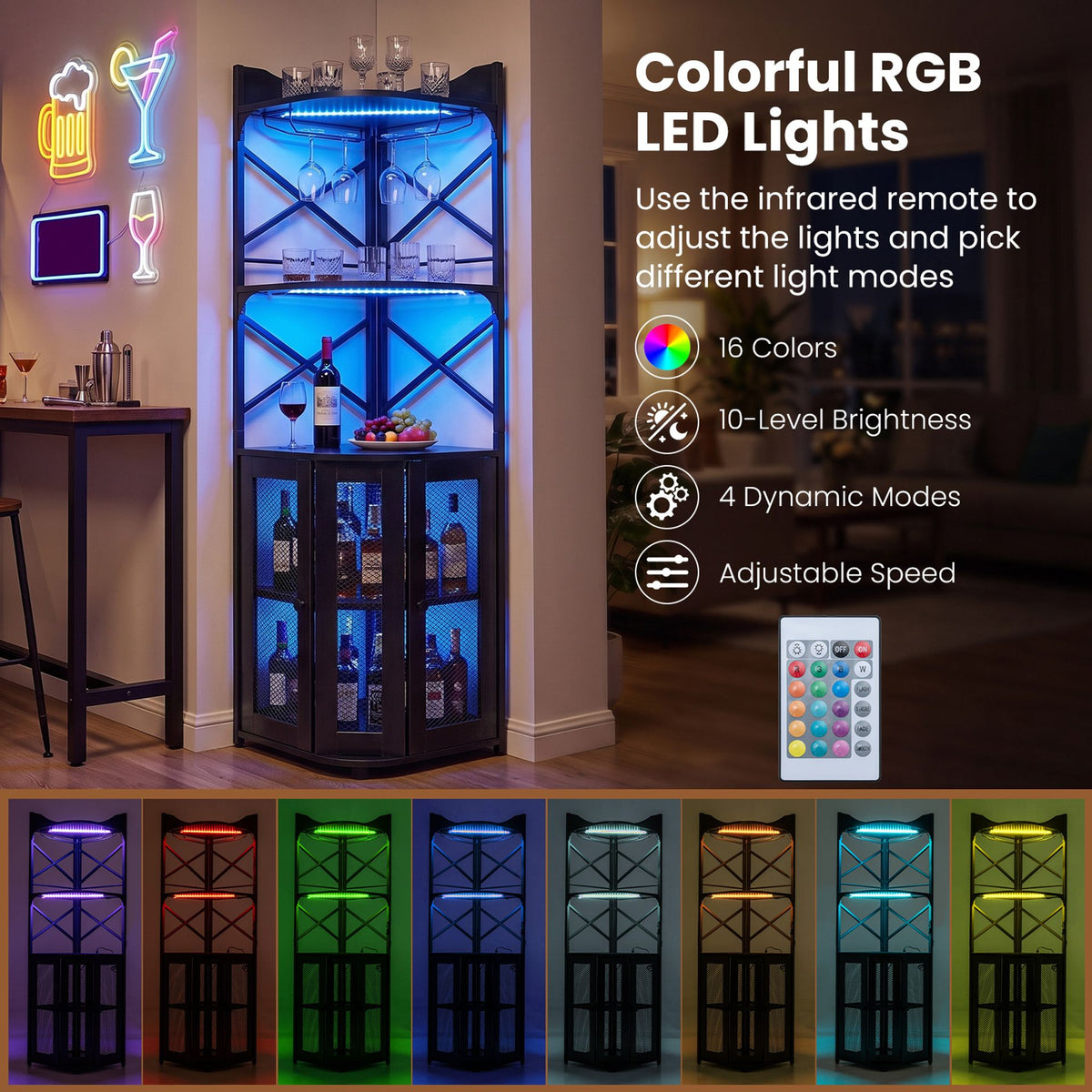 Corner Bar Cabinet with LED Lights Power Outlet and Glass Holder Storage Shelves-Black