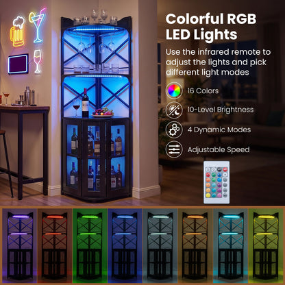 Corner Bar Cabinet with LED Lights Power Outlet and Glass Holder Storage Shelves-Black