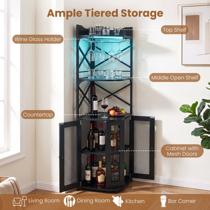 Corner Bar Cabinet with LED Lights Power Outlet and Glass Holder Storage Shelves-Black