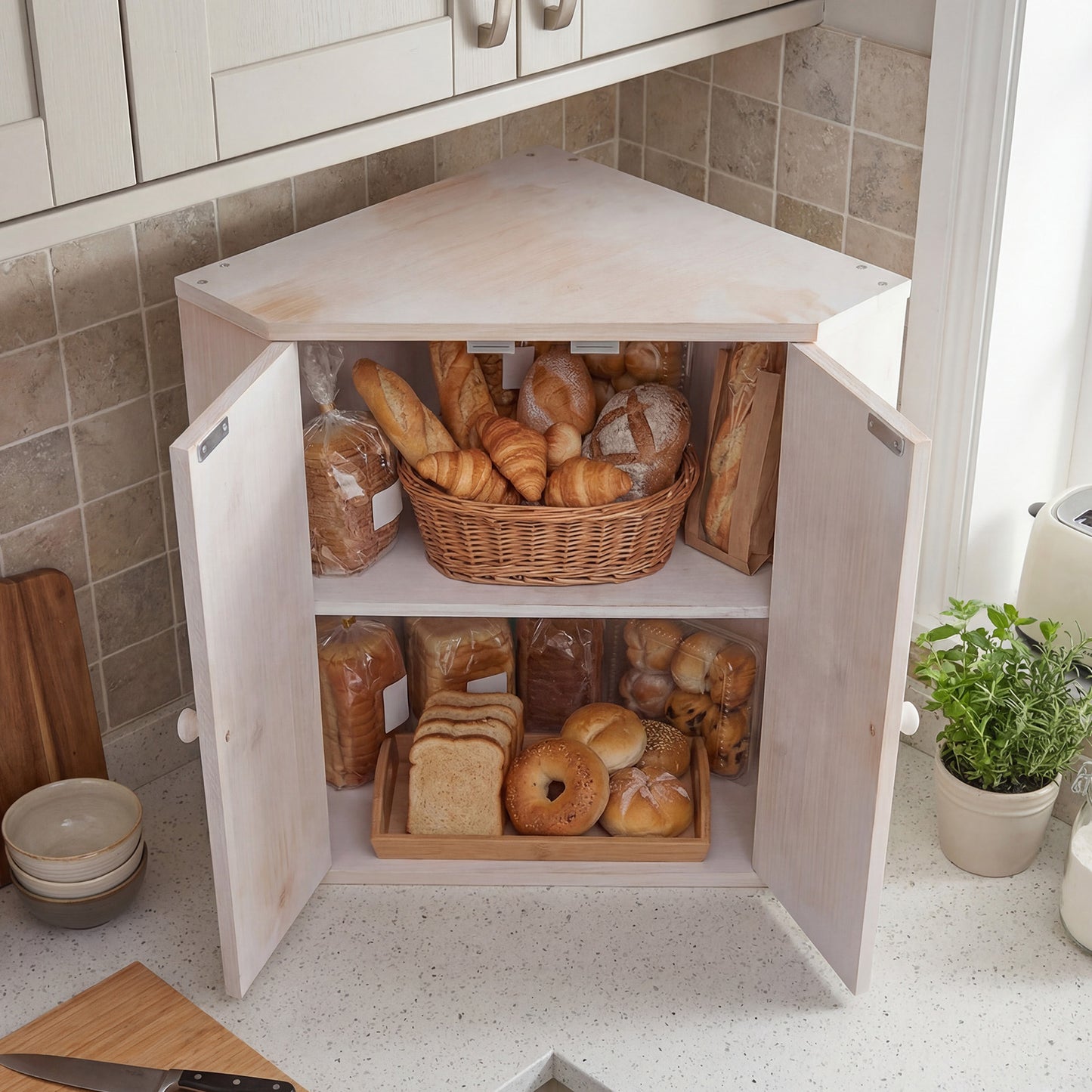 Corner Bread Box for Kitchen Counter Bamboo Double Layer Breadbox Organizer-White
