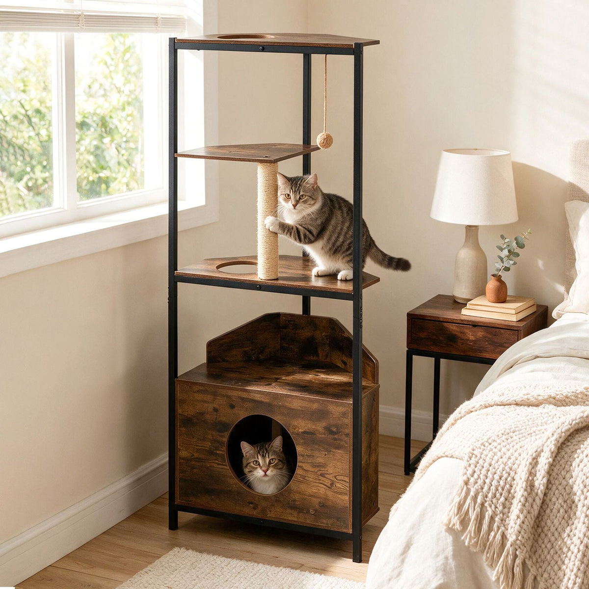 Corner Cat Tree with Scratching Post Playing Ball and Through-hole Design-Rusticbrown