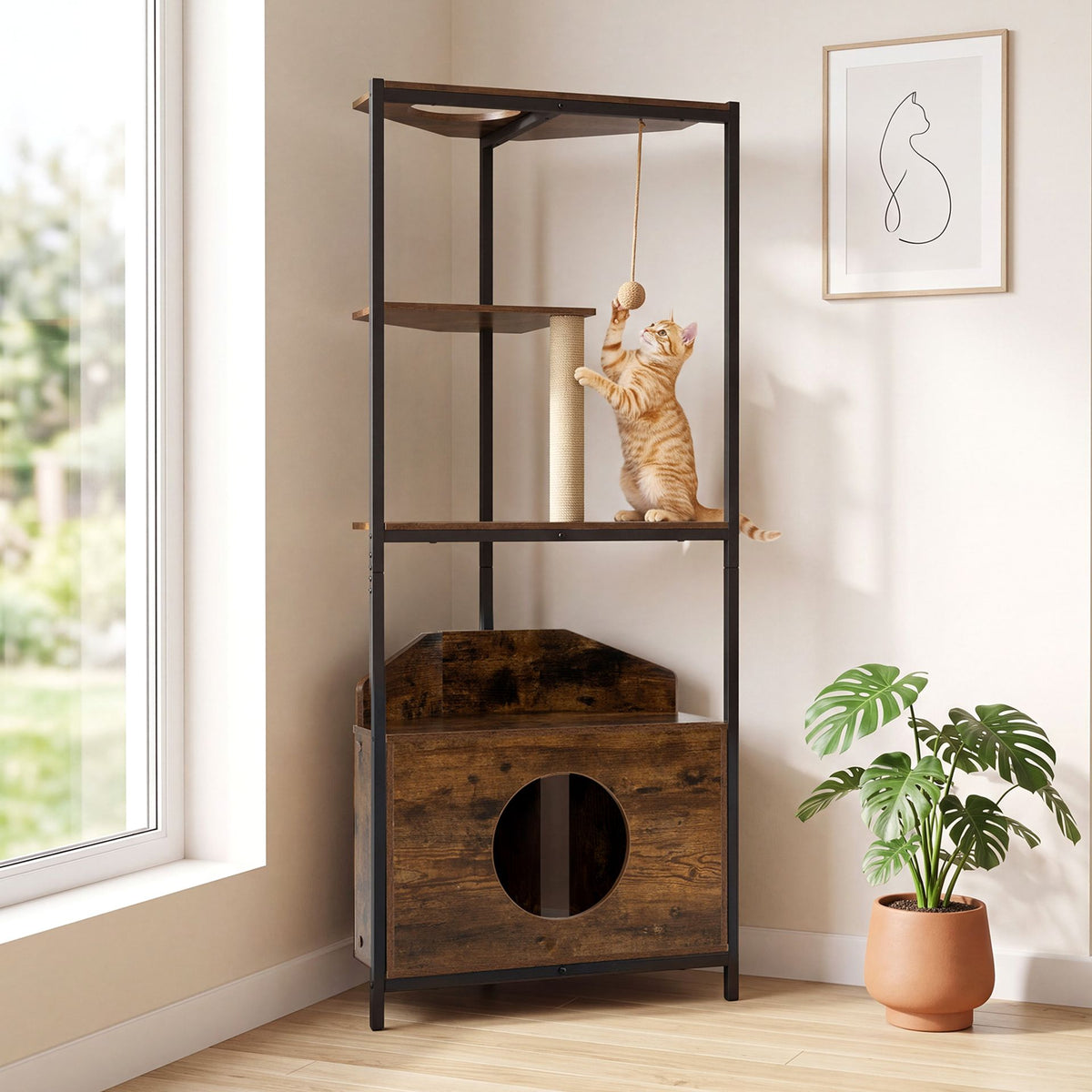 Corner Cat Tree with Scratching Post Playing Ball and Through-hole Design-Rusticbrown