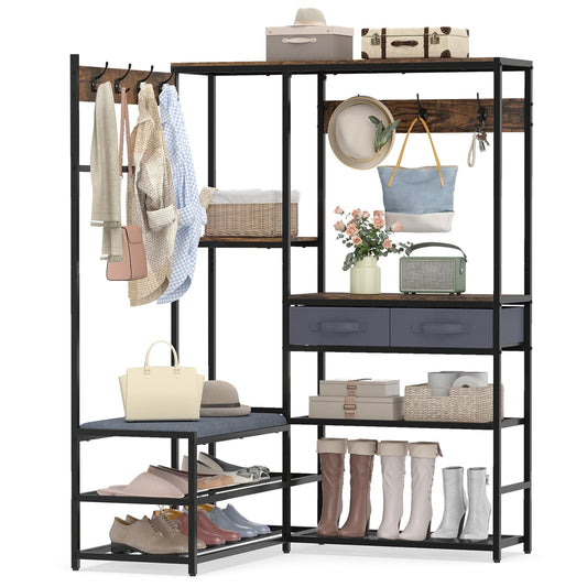 Corner Coat Rack with Shoe Bench and Shelves for Entryway-Rustic Brown