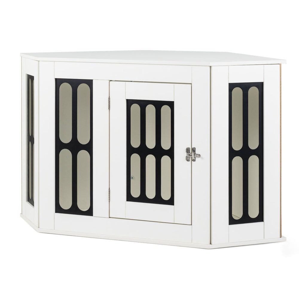 Corner Dog Crate Furniture Metal Side Table for Small Dogs-White