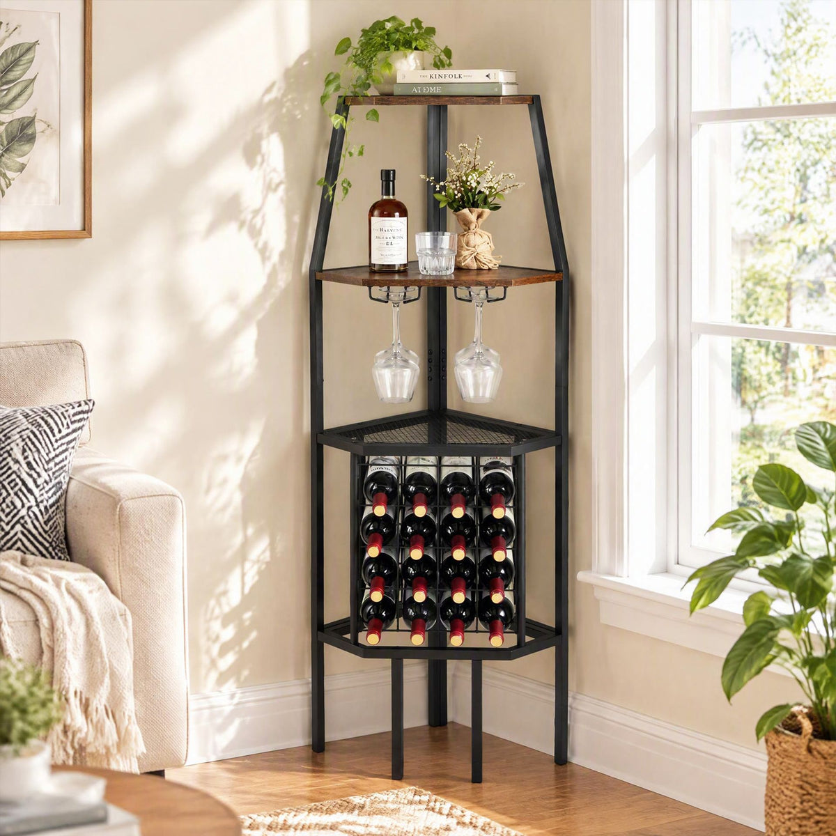 Corner Wine Rack with Glass Holder and Storage Shelves-Rustic Brown