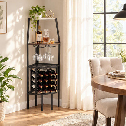 Corner Wine Rack with Glass Holder and Storage Shelves-Rustic Brown