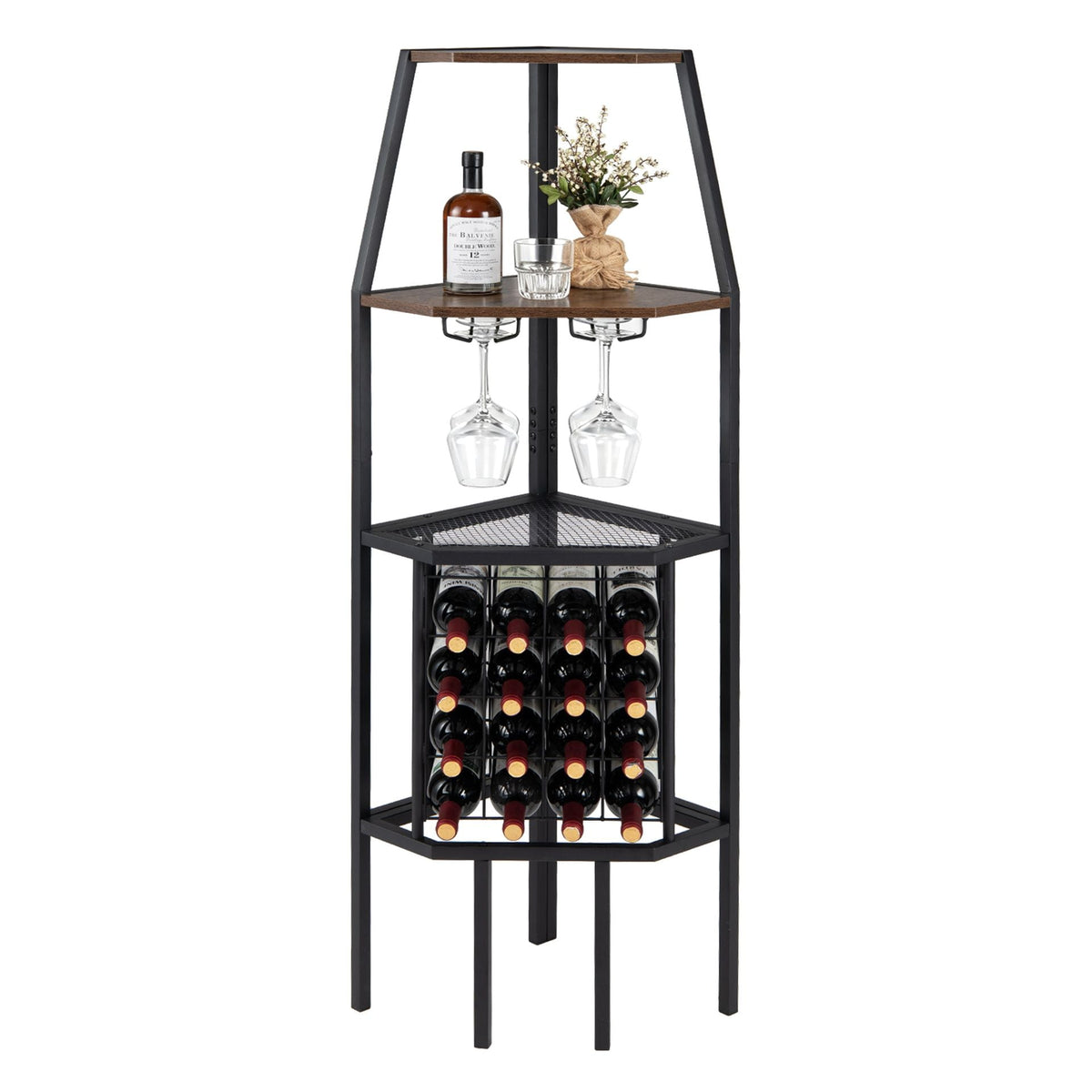 Corner Wine Rack with Glass Holder and Storage Shelves-Rustic Brown
