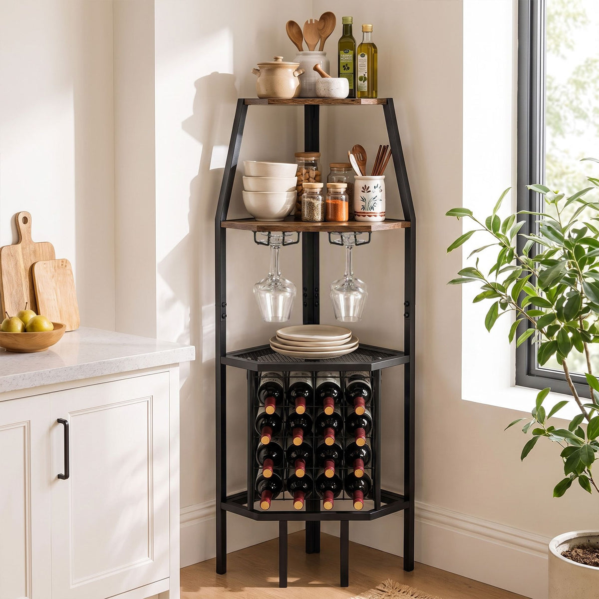 Corner Wine Rack with Glass Holder and Storage Shelves-Rustic Brown