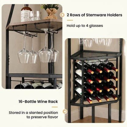 Corner Wine Rack with Glass Holder and Storage Shelves-Rustic Brown