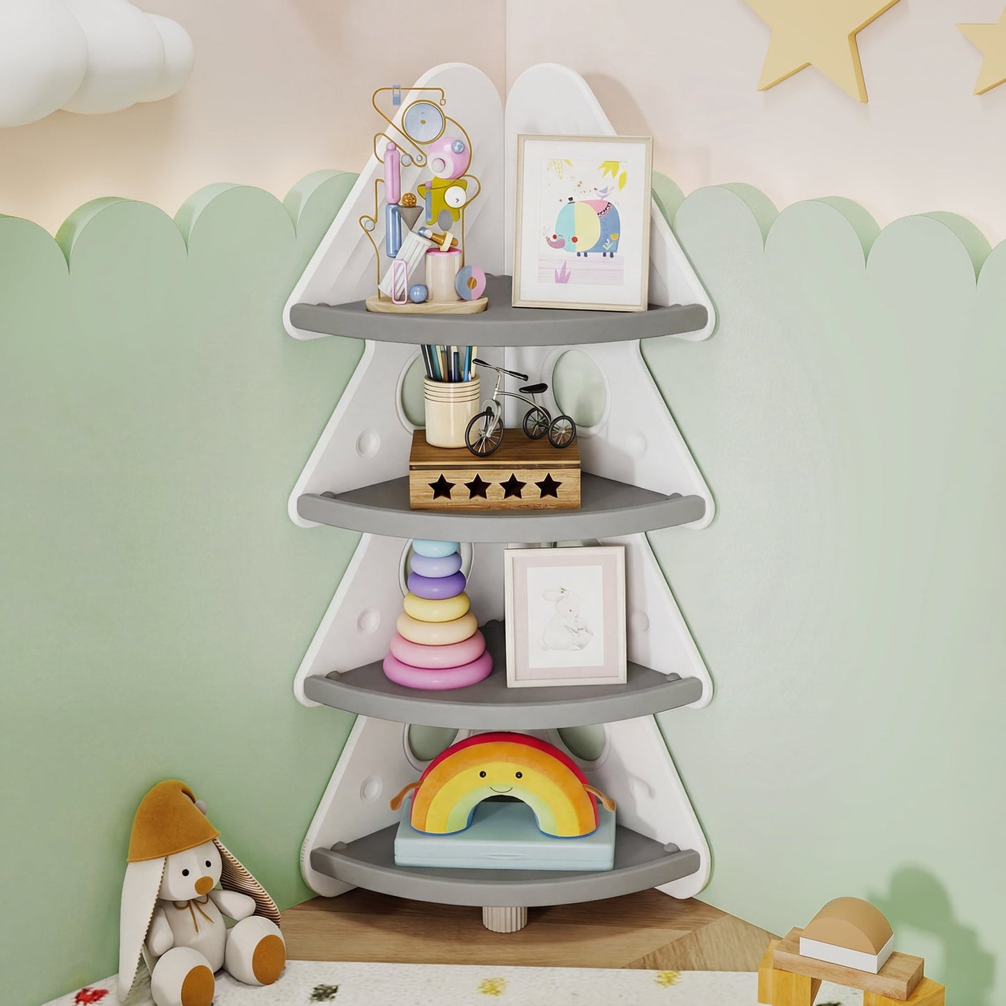 4-Tier Kids Corner Bookshelf for Kids Room and Nursery Playroom-White