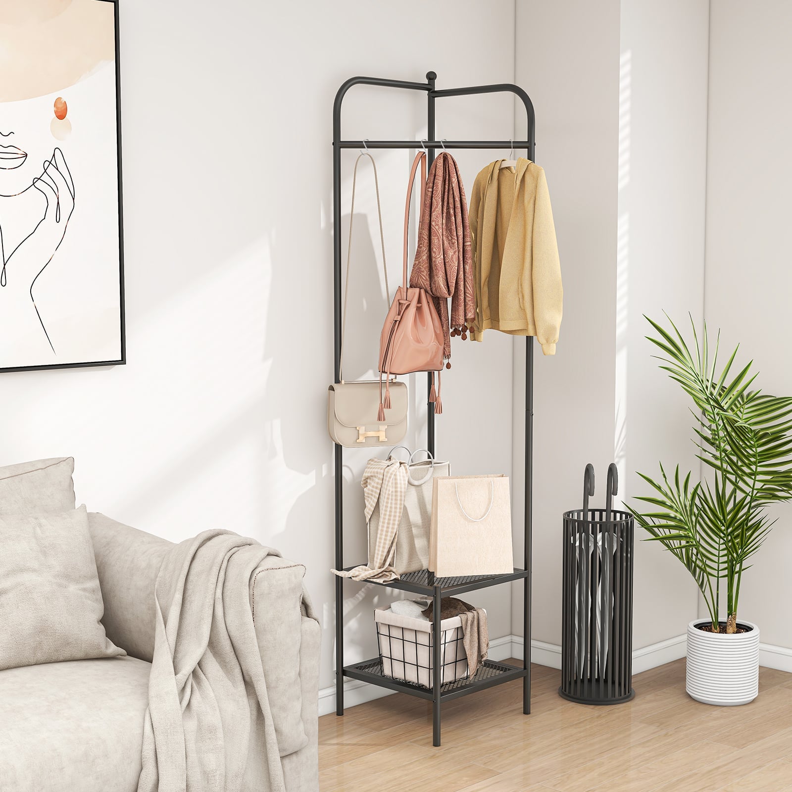 Corner Coat Rack with Shelves and Top Hanger-Black