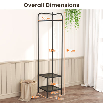 Corner Coat Rack with Shelves and Top Hanger-Black