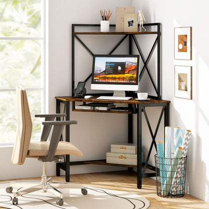 Corner Computer Desk with Hutch Storage Shelves and Keyboard Tray-Rustic Brown