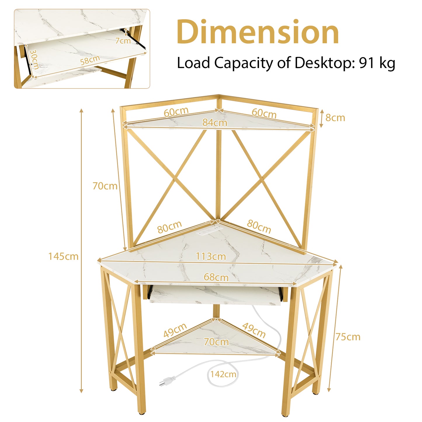 Corner Computer Desk with Hutch Storage Shelves and Keyboard Tray-White
