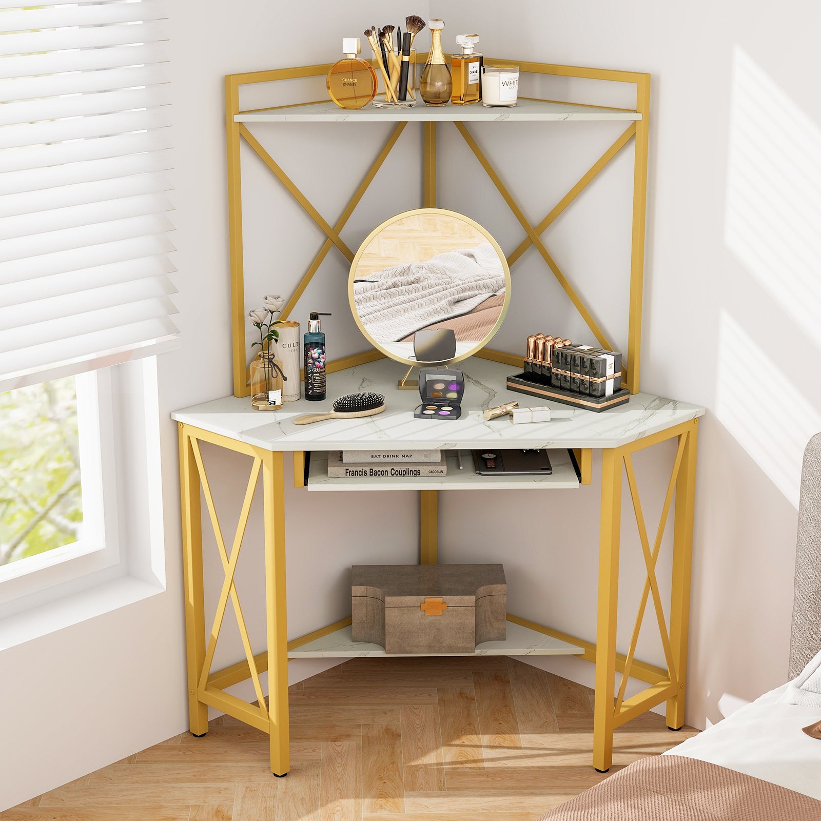 Corner Computer Desk with Hutch Storage Shelves and Keyboard Tray-White