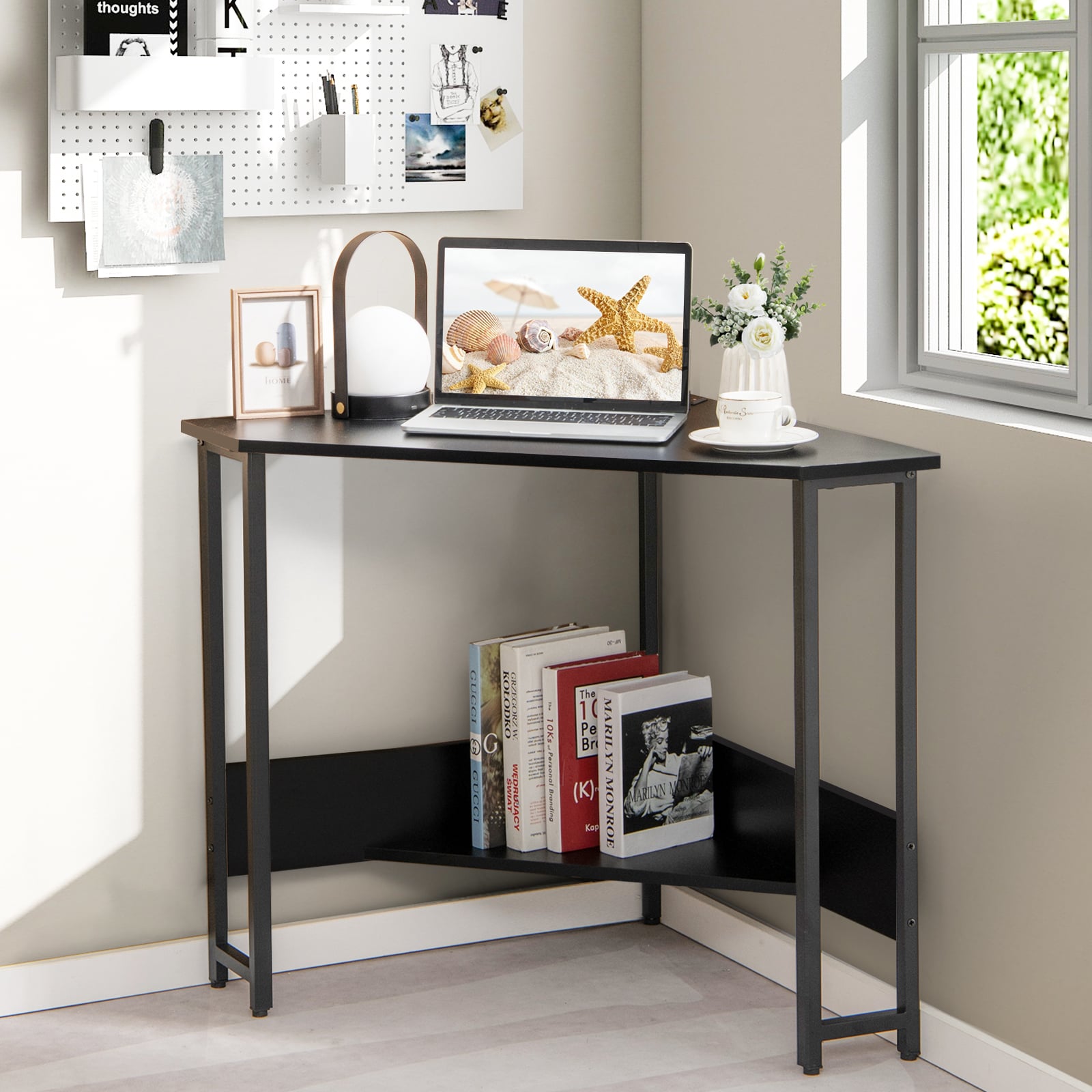 Corner Desk 90-degree Triangle Computer Desk with Power Outlet-Black