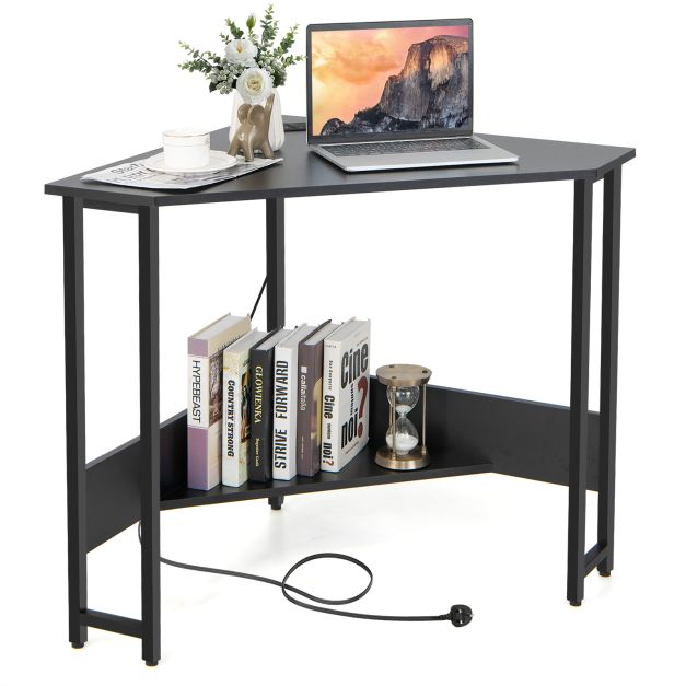 Corner Desk 90-degree Triangle Computer Desk with Power Outlet-Black