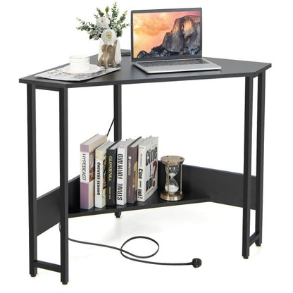 Corner Desk 90-degree Triangle Computer Desk with Power Outlet-Black