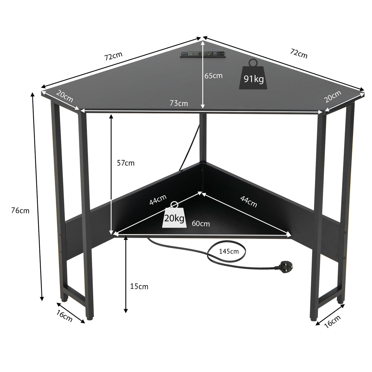 Corner Desk 90-degree Triangle Computer Desk with Power Outlet-Black