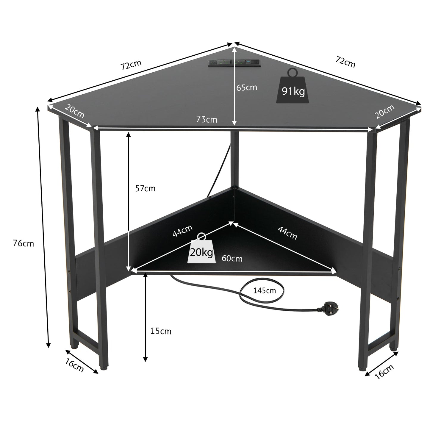 Corner Desk 90-degree Triangle Computer Desk with Power Outlet-Black