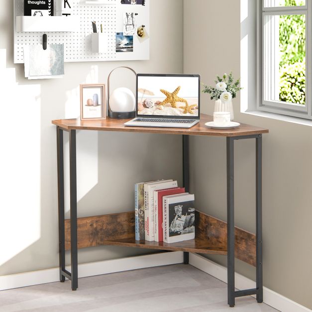 Corner Desk 90-degree Triangle Computer Desk with Power Outlet-Rustic Brown
