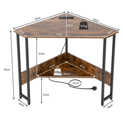 Corner Desk 90-degree Triangle Computer Desk with Power Outlet-Rustic Brown