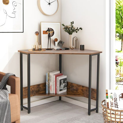 Corner Desk 90-degree Triangle Computer Desk with Power Outlet-Rustic Brown