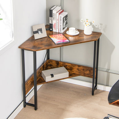 Corner Desk 90-degree Triangle Computer Desk with Power Outlet-Rustic Brown