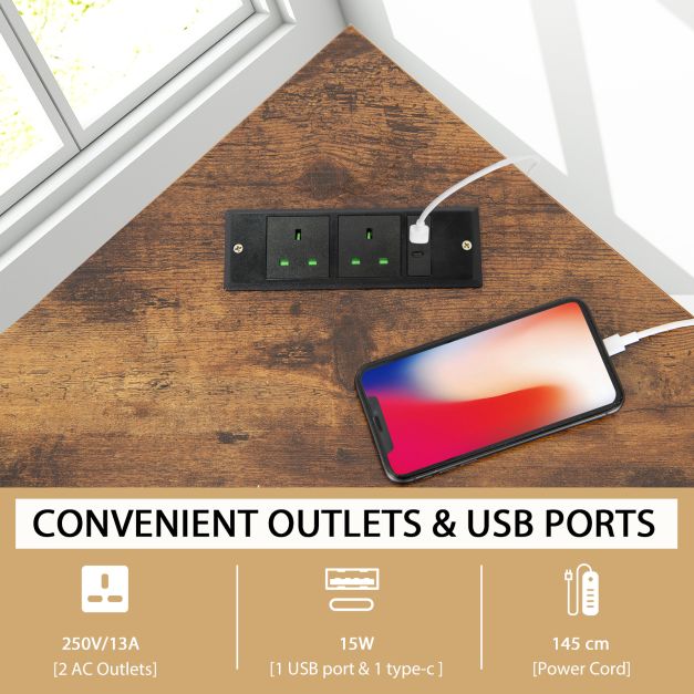 Corner Desk 90-degree Triangle Computer Desk with Power Outlet-Rustic Brown