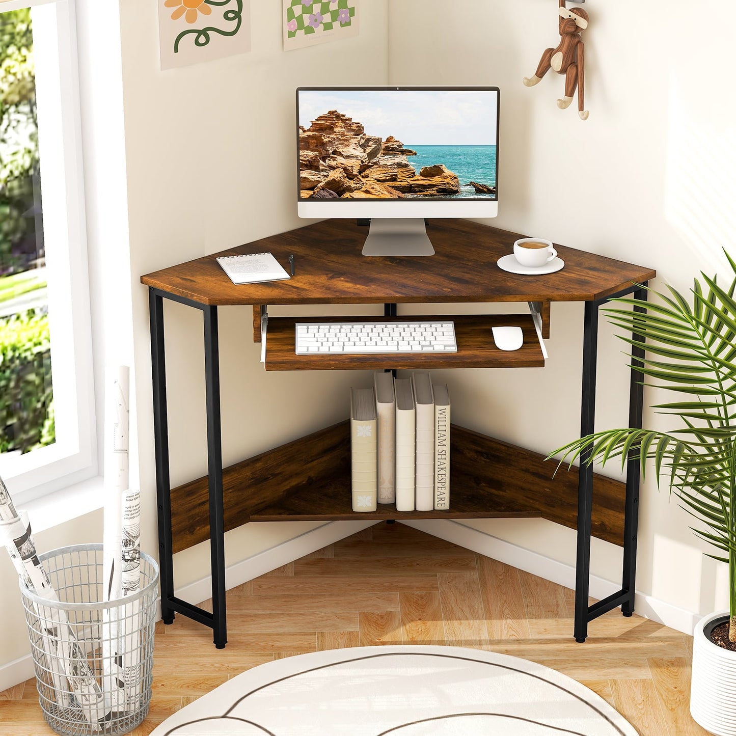 Corner Desk with Power Outlets Small Computer Desk-Rustic Brown