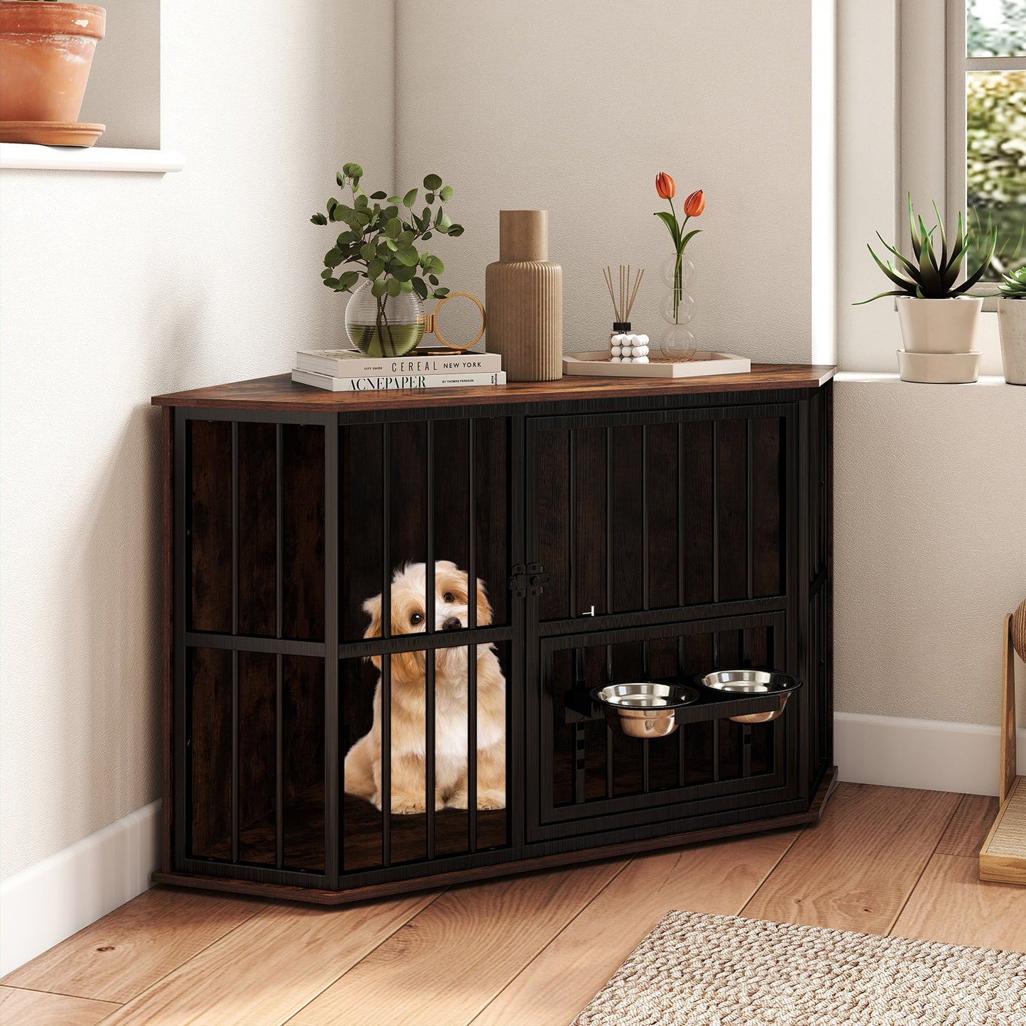 Corner Dog Crate Space Saving Dog Cage with Adjustable Feeder-Coffee