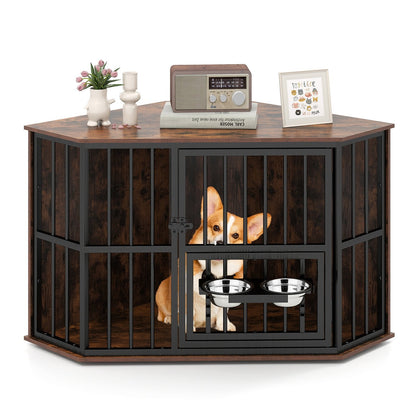 Corner Dog Crate Space Saving Dog Cage with Adjustable Feeder-Coffee