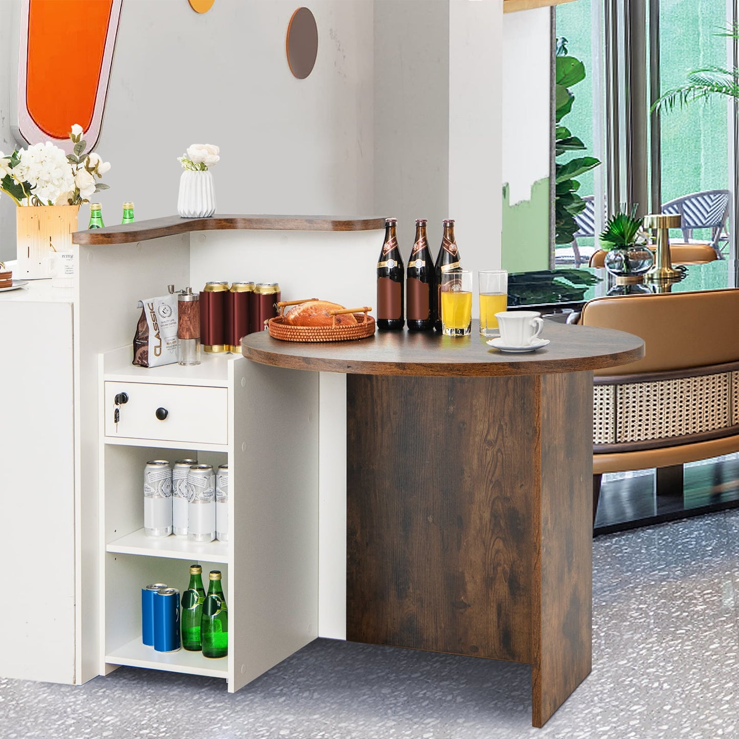 Corner Front Reception Counter Desk with Lockable Drawer-Coffee