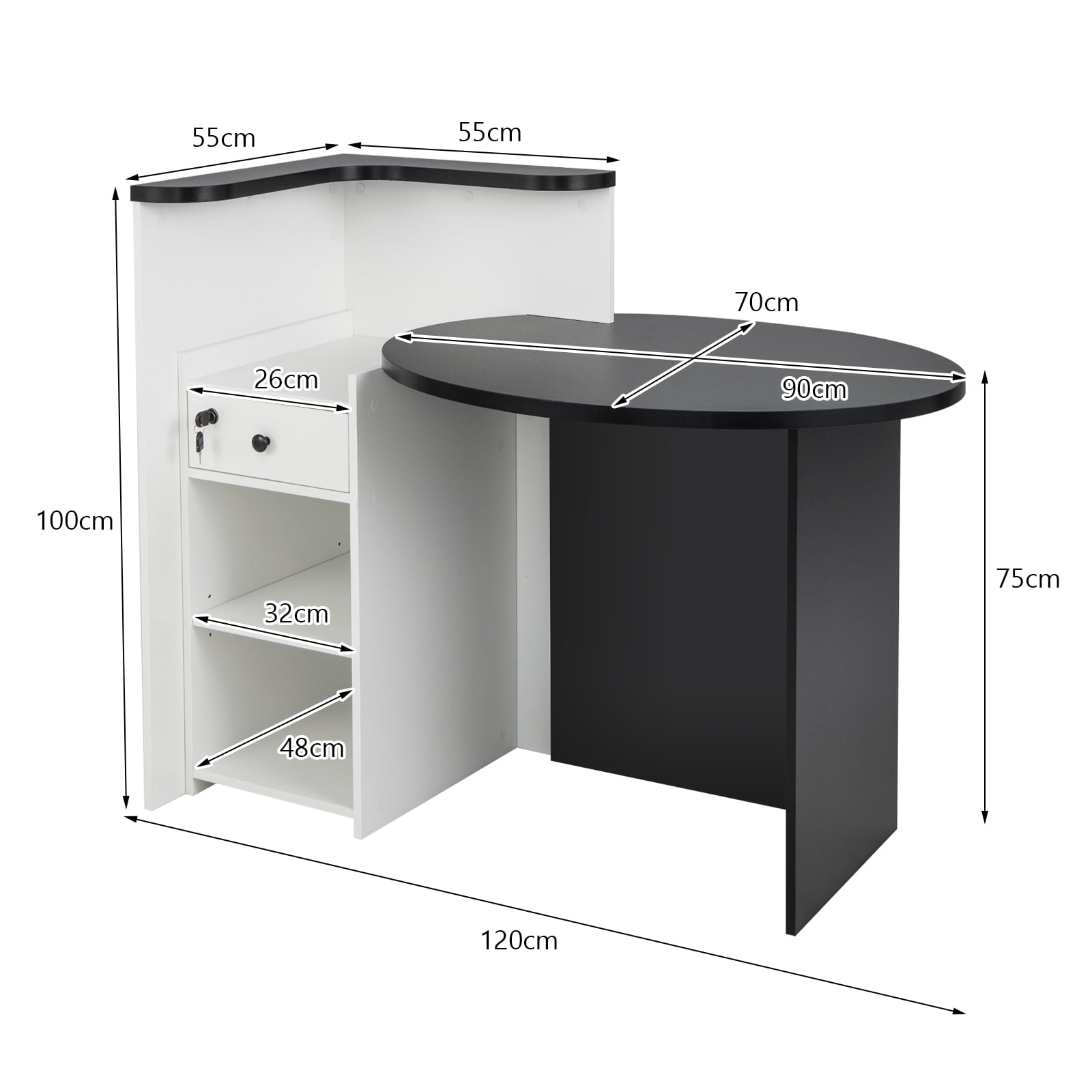 Corner Front Reception Counter Desk with Lockable Drawer-Black