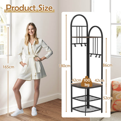 Corner Hall Tree 4-Tier Coat Rack with Storage Bench and Hooks-Rustic Brown