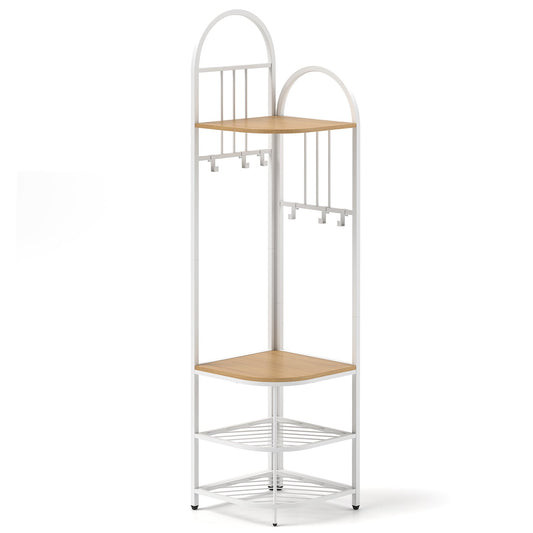 Corner Hall Tree 4-Tier Coat Rack with Storage Bench and Hooks-Natural